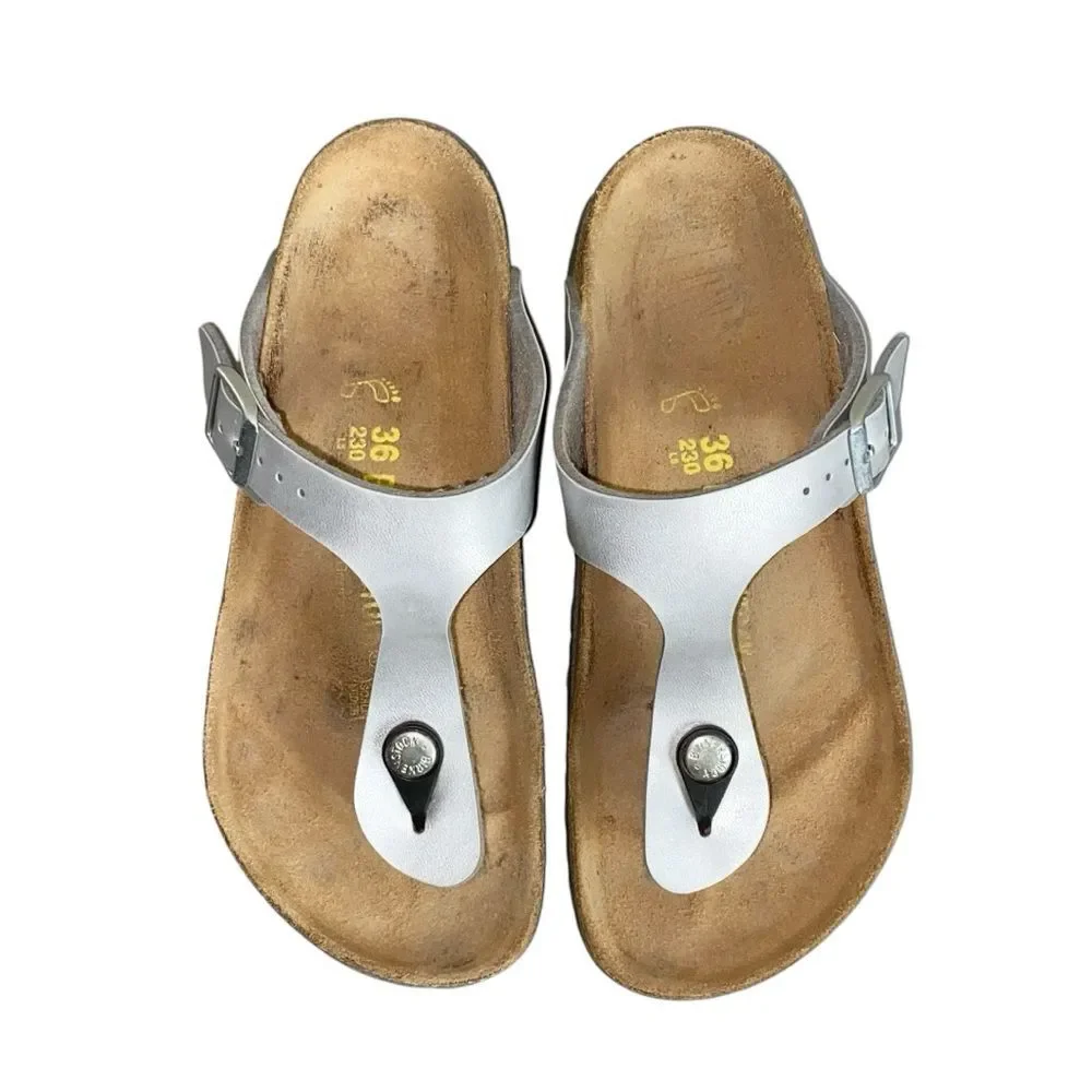 Birkenstock Gizeh Silver Birko-Flor Faux Vegan Leather Slip-On Thong Sandals 36